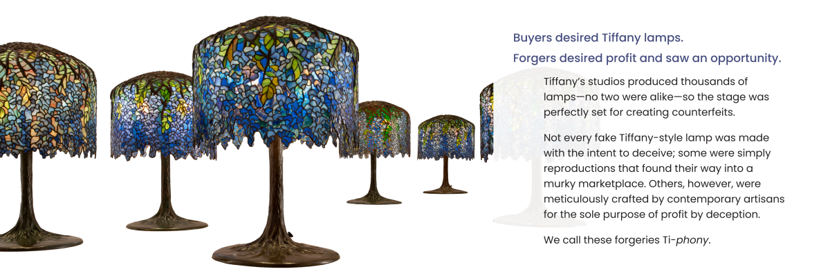 Image of Tiffany lamp details, text about Tiffany or Tiphony exhibition